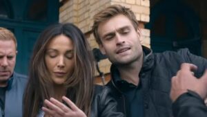Michelle Keegan and Douglas Booth show off their brewing chemistry in first trailer for police thriller The Blame after she shared how they bonded over ‘quizzes and food’
