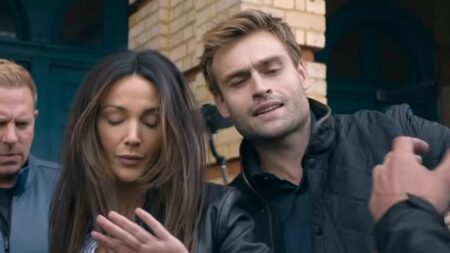Michelle Keegan and Douglas Booth show off their brewing chemistry in first trailer for police thriller The Blame after she shared how they bonded over ‘quizzes and food’