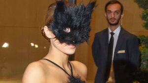 Naughty kitty! Kanye’s wife Bianca Censori is bra and underwear free in a VERY sheer gown with a CAT mask
