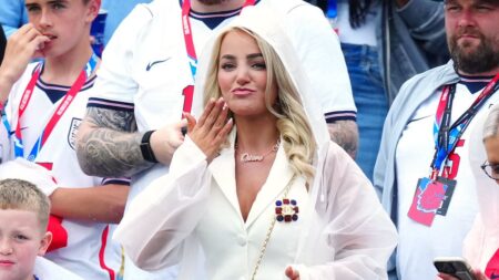 Megan Pickford blows a kiss in the stands as she and Ellie Watkins lead the WAGs at England’s second World Cup game against Ghana