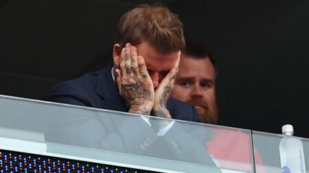David Beckham looks frustrated during England game in Boston as the Three Lions draw 0-0 with defensive Ghana