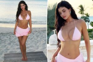 Kylie Jenner models barely-there pink bikini in Turks & Caicos