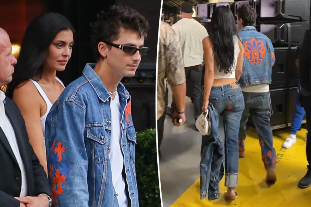 Kylie Jenner and Timothée Chalamet match in custom Knicks-themed denim for NBA Finals Game 4