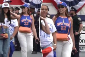 Jordyn Woods pairs lucky bag with custom Karl-Anthony Towns jeans at Knicks parade