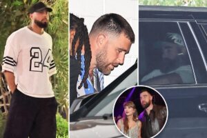 Travis Kelce has boys’ night in LA as guests gather at Taylor Swift’s Rhode Island home ahead of wedding