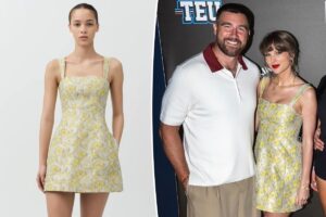 Taylor Swift blooms in yellow floral minidress with Travis Kelce for Tight End University party