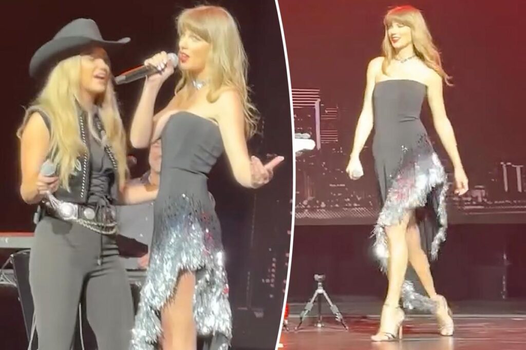 Taylor Swift sparkles in black and silver Monse dress for TEU ‘Love Story’ performance