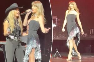 Taylor Swift sparkles in black and silver Monse dress for TEU ‘Love Story’ performance