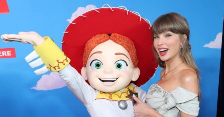 Taylor Swift Rocks Dreamy Western-Inspired Patchwork Dress at ‘Toy Story 5’ L.A. Premiere
