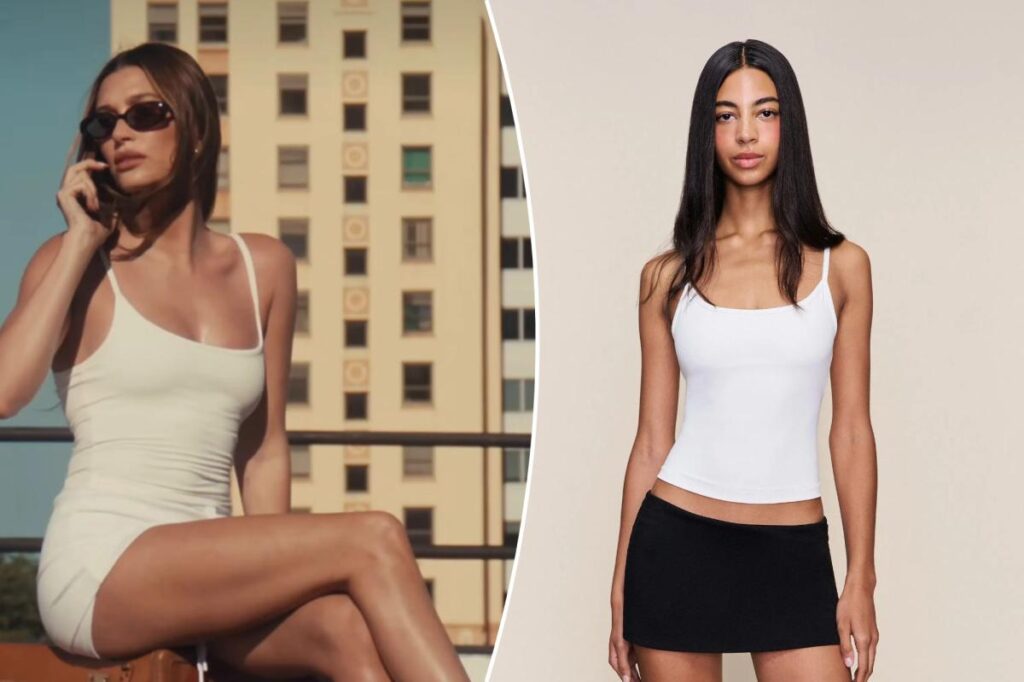 Hailey Bieber wears a $38 Guizio tank in Rhode bronzer campaign
