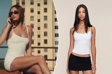 Hailey Bieber wears a $38 Guizio tank in Rhode bronzer campaign