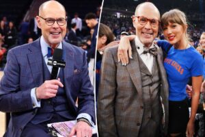 Taylor Swift and NBA broadcaster Ernie Johnson pose for courtside Knicks pic