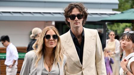 New mum Sienna Miller, 44, looks chic in a linen suit as she joins fiancé Oli Green, 29, and glamorous Poppy Delevingne on day six of Wimbledon