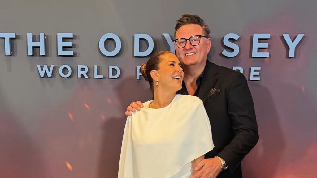 Pia Whitesell looks glamorous in a green gown as she, Nova radio host Lauren Phillips and her fiancé Paul O’Brien attend The Odyssey premiere in London with ‘bestie’ Matt Damon
