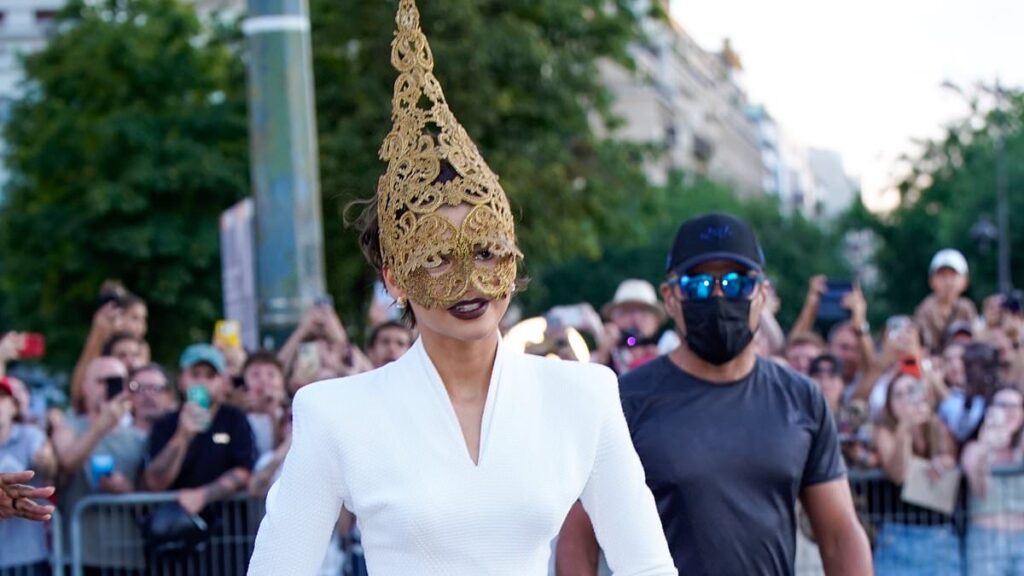 Zendaya wears bizarre Eiffel Tower-inspired mask as she joins leggy Charlize Theron and pregnant Anne Hathaway at star-studded The Odyssey premiere in Paris