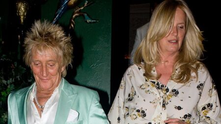 Rod Stewart, 81, sports green nail polish and a pearl necklace as he enjoys a date night with wife Penny Lancaster, 55, at Annabel’s