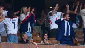 David Beckham leaps out his seat as Jude Bellingham equalises with Norway during England’s quarter-final World Cup game – as Victoria keeps her calm