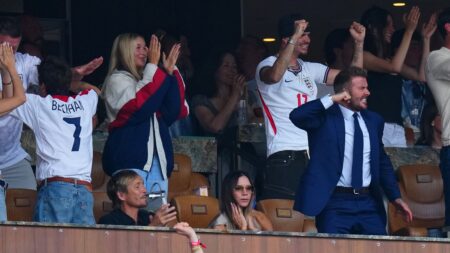 David Beckham leaps out his seat as Jude Bellingham equalises with Norway during England’s quarter-final World Cup game – as Victoria keeps her calm