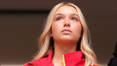 Harper Beckham, 15, nails mum Victoria’s Posh Spice pout as she wears jacket from Romeo’s label to support Spain during World Cup semi-finals