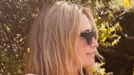 Cat Deeley shows off her gardening skills by mowing the lawn in her bikini after her intimate date with movie executive