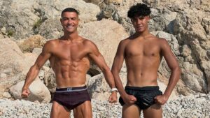 Cristiano Ronaldo poses shirtless with his lookalike son, 16, and teases him with cheeky caption ahead of rumours he’s set to wed Georgina Rodriguez