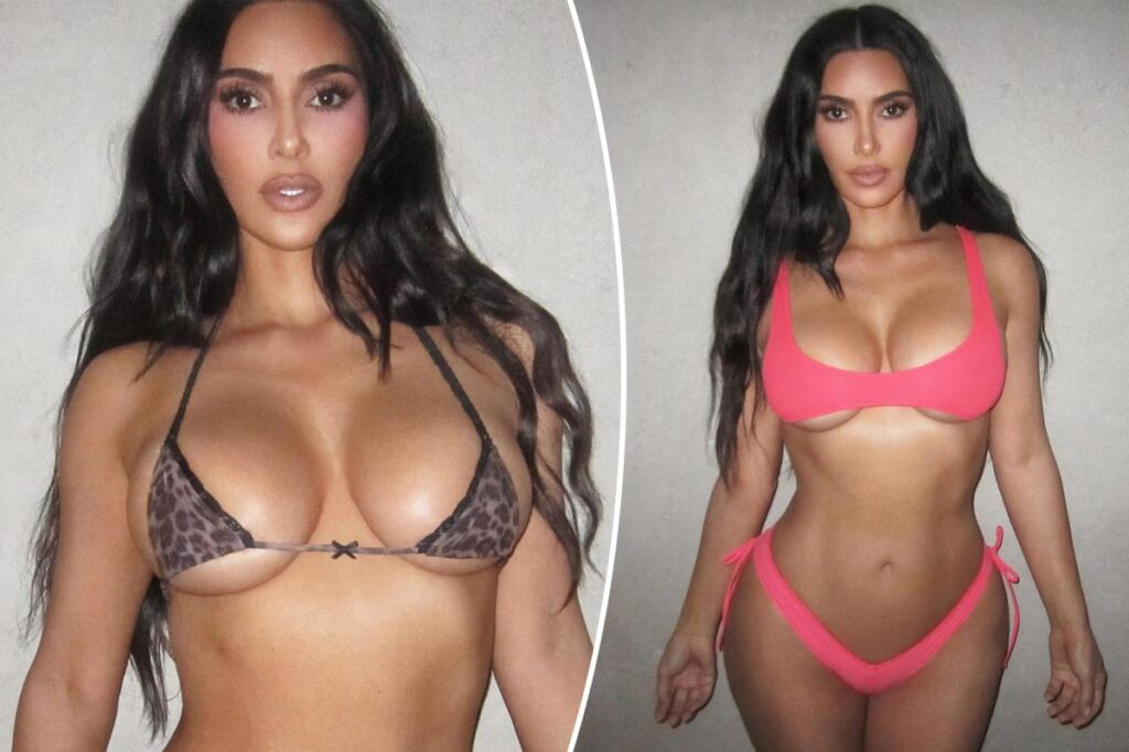 Kim Kardashian models new Skims microscopic leopard-print bra and thong