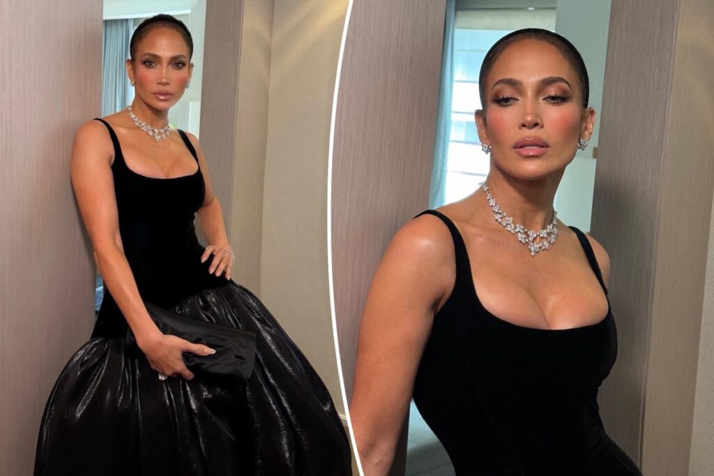 Jennifer Lopez wears black dress and diamonds for Taylor Swift and Travis Kelce’s wedding