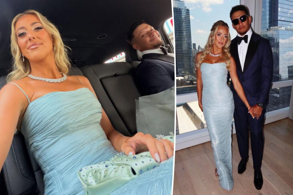 Brittany and Patrick Mahomes match in blue at Taylor Swift and Travis Kelce’s wedding