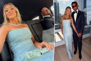 Brittany and Patrick Mahomes match in blue at Taylor Swift and Travis Kelce’s wedding