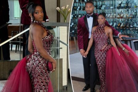 Simone Biles opts for drama in leather, tulle and jeweled gown for Taylor Swift and Travis Kelce wedding