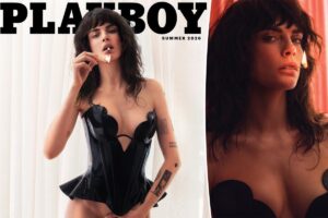 Cara Delevingne wears nothing but a latex corset on the cover of Playboy