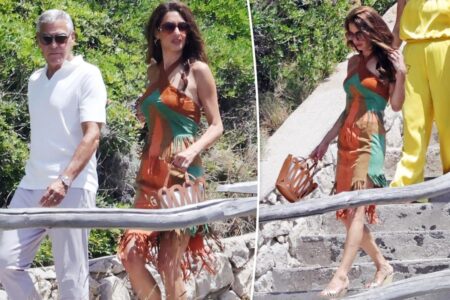 Amal Clooney wears vintage suede Mugler set for Capri boat day with George Clooney
