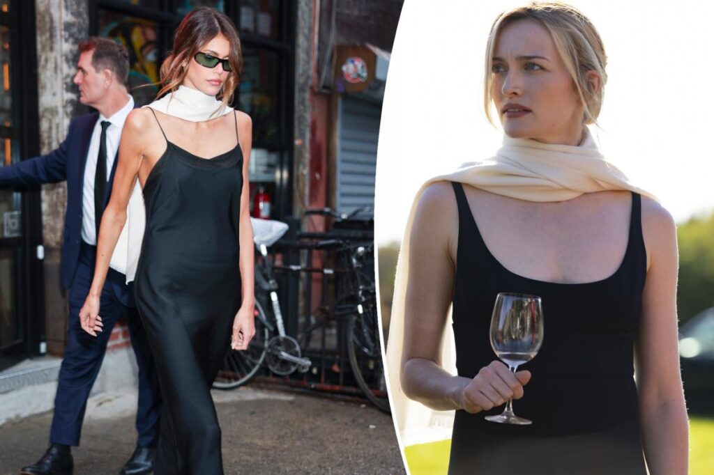 Kaia Gerber channels Carolyn Bessette Kennedy in little black dress