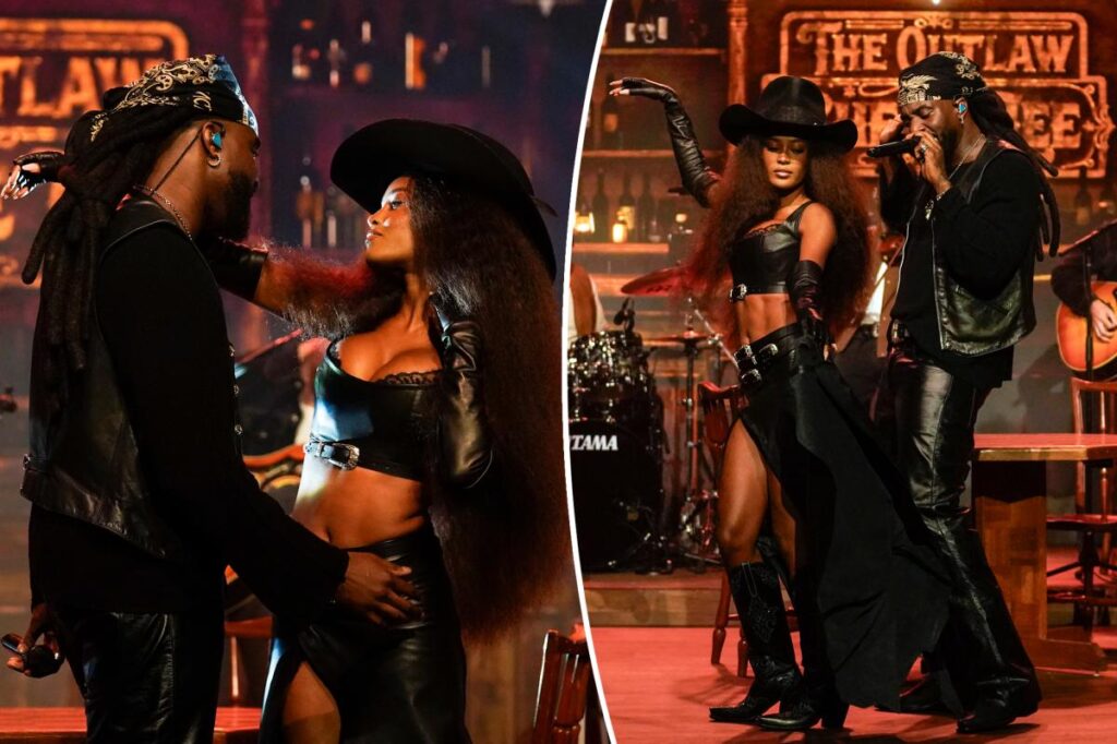 Ciara Miller joins Shaboozey for leather-clad ‘Cowgirl’ performance