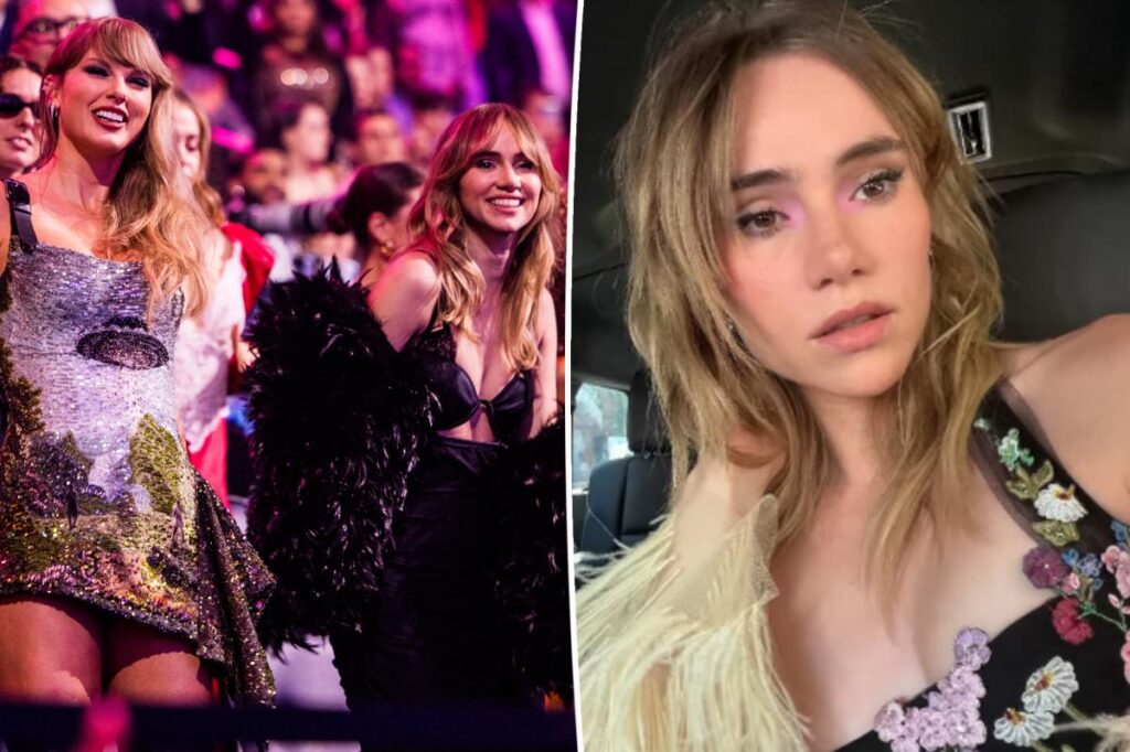 Suki Waterhouse wears florals and feathers for Taylor Swift and Travis Kelce’s wedding rehearsal dinner