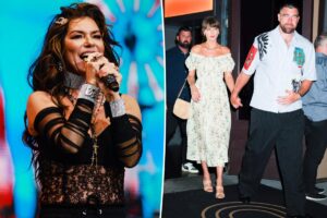 Shania Twain pokes fun at missing Taylor Swift and Travis Kelce’s wedding for bride’s ex