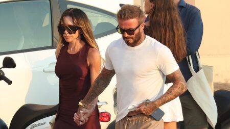 David Beckham’s 5ft 11in frame is dwarfed by 6ft 6in Michael Jordan as the sporting legends enjoy another meet during South of France jaunt, while Victoria wows ahead of lavish sunset dinner