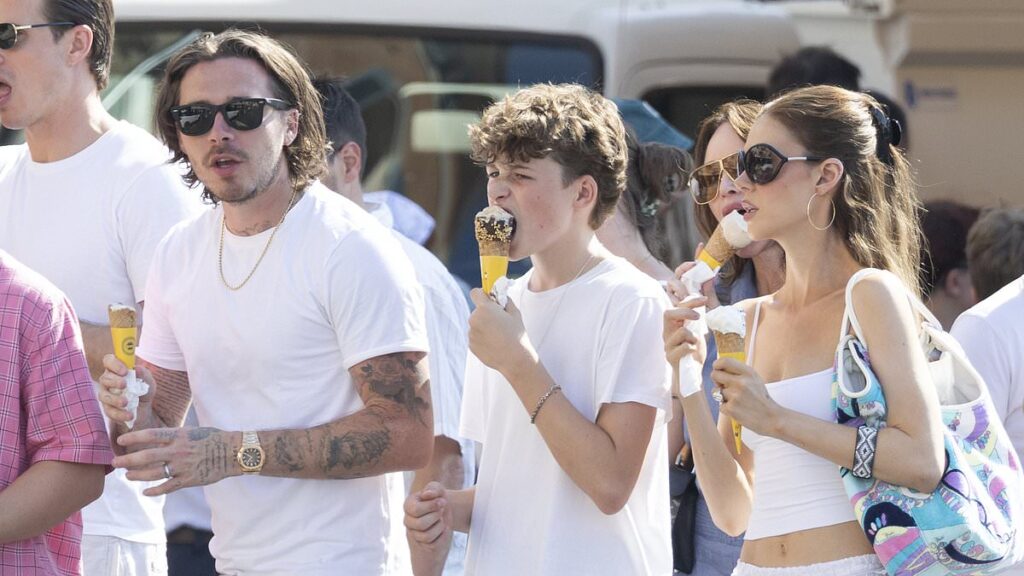 Brooklyn Beckham and Nicola Peltz narrowly miss his estranged parents David and Victoria by minutes as they pick up ice creams in St Tropez after going on godfather Elton’s yacht