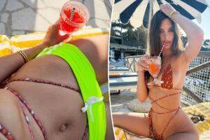 Emily Ratajkowski models strappy bikinis on vacation in Greece