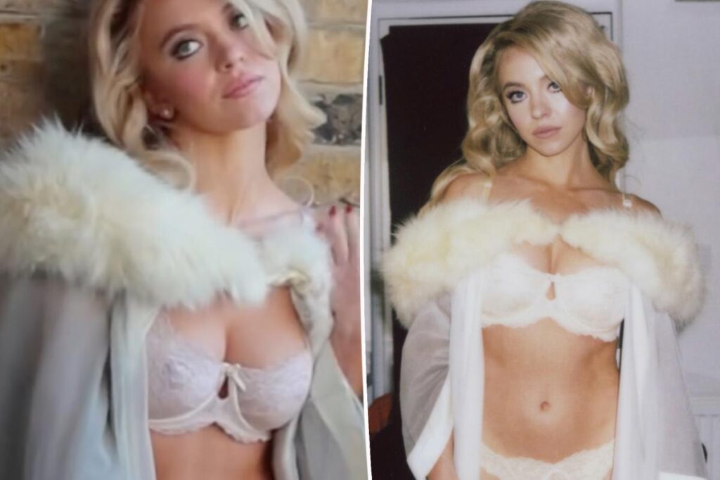 Sydney Sweeney is a blond bombshell in Syrn lace lingerie