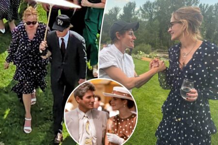 Julia Robers channels ‘Pretty Woman’ in polka dot dress at niece Emma Roberts’ wedding