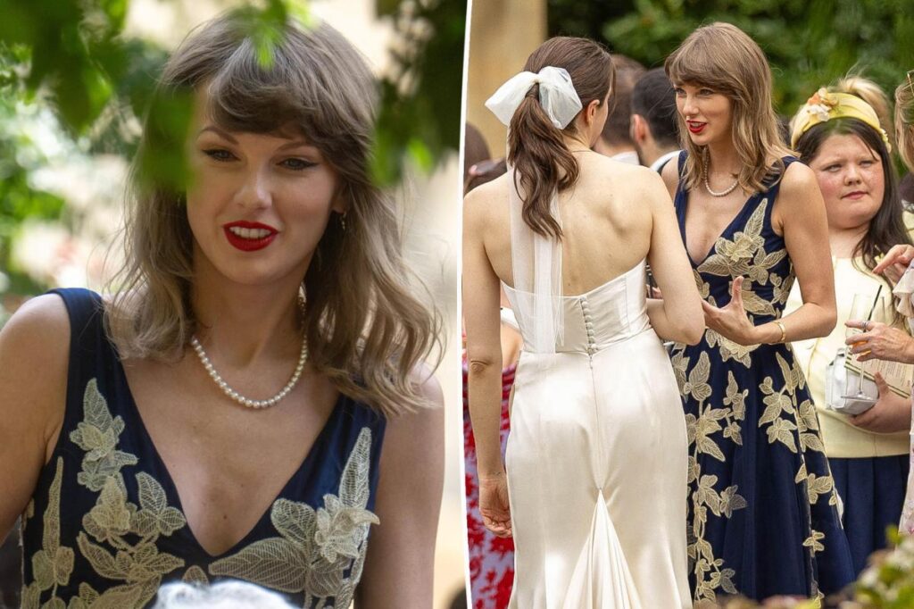 Taylor Swift rocks elegant navy tulle gown at pals’ UK wedding