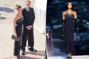 Hailey Bieber glitters at Jordyn Woods’ wedding in Versace dress first worn by Naomi Campbell