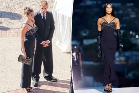 Hailey Bieber glitters at Jordyn Woods’ wedding in Versace dress first worn by Naomi Campbell