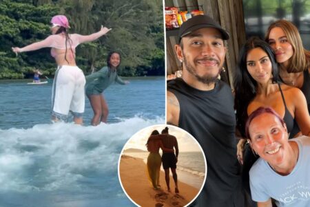 Kim Kardashian surfs in Gucci bikini on vacation with Lewis Hamilton and family