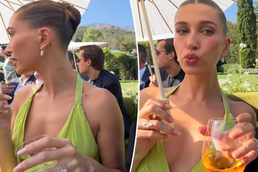 Hailey Bieber wears lime green vintage Versace gown for Finneas and Claudia Sulewski’s wedding