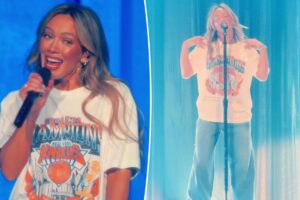 Hilary Duff reps New York Knicks with championship tee at MSG concert