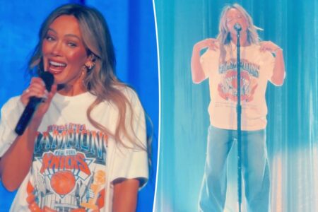 Hilary Duff reps New York Knicks with championship tee at MSG concert