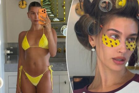 Hailey Bieber pairs velvet bikini with diamond earrings