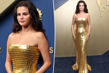 Selena Gomez wears gold beaded gown on the Emmys 2026 red carpet
